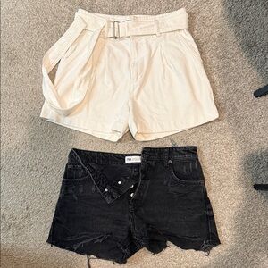 ZARA Cream Paperbag Belted Shorts & Black Distressed Denim Shorts
